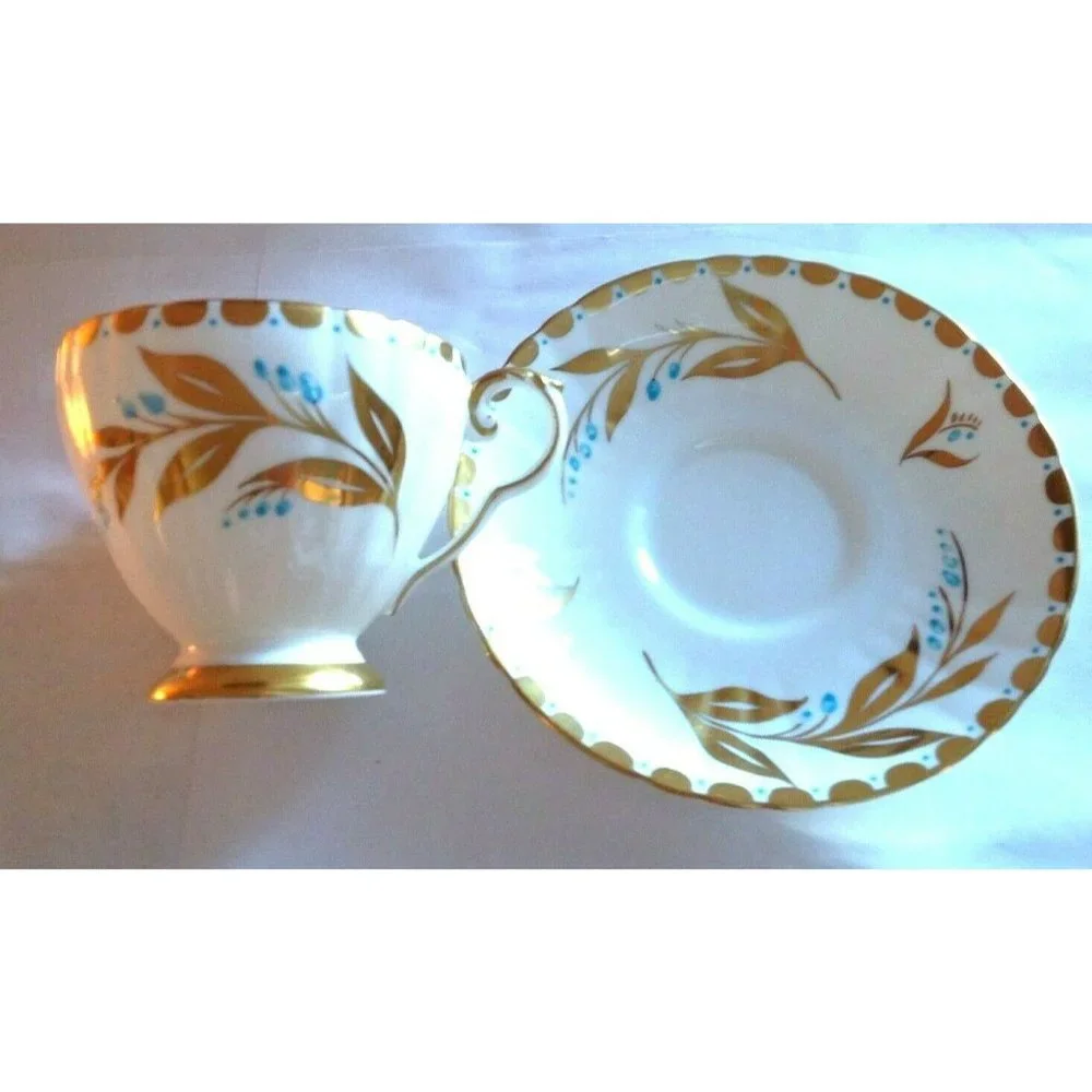 Vintage Royal Grafton – Bone White with Gold Floral & Teal Dots Tea Cup & Saucer